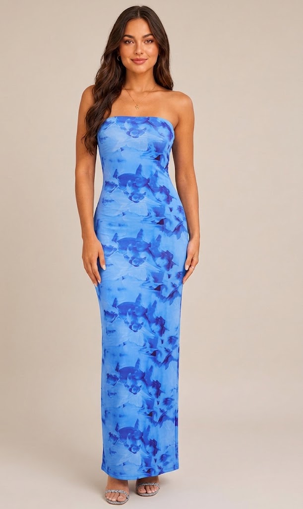 Mare - Blauwe Maxi-jurk Met Spaghettibandjes En Watervalhals