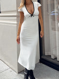 Mirella - Witte Midi-jurk met Zwarte Contrastbies en Strikdetail