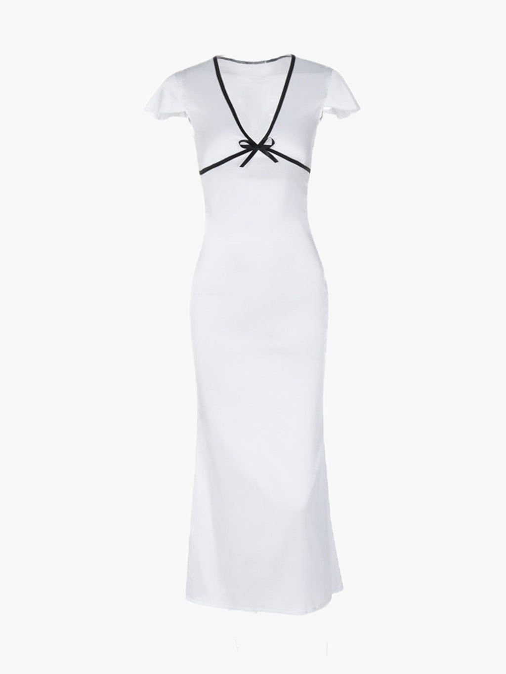 Mirella - Witte Midi-jurk met Zwarte Contrastbies en Strikdetail