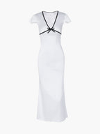 Mirella - Witte Midi-jurk met Zwarte Contrastbies en Strikdetail