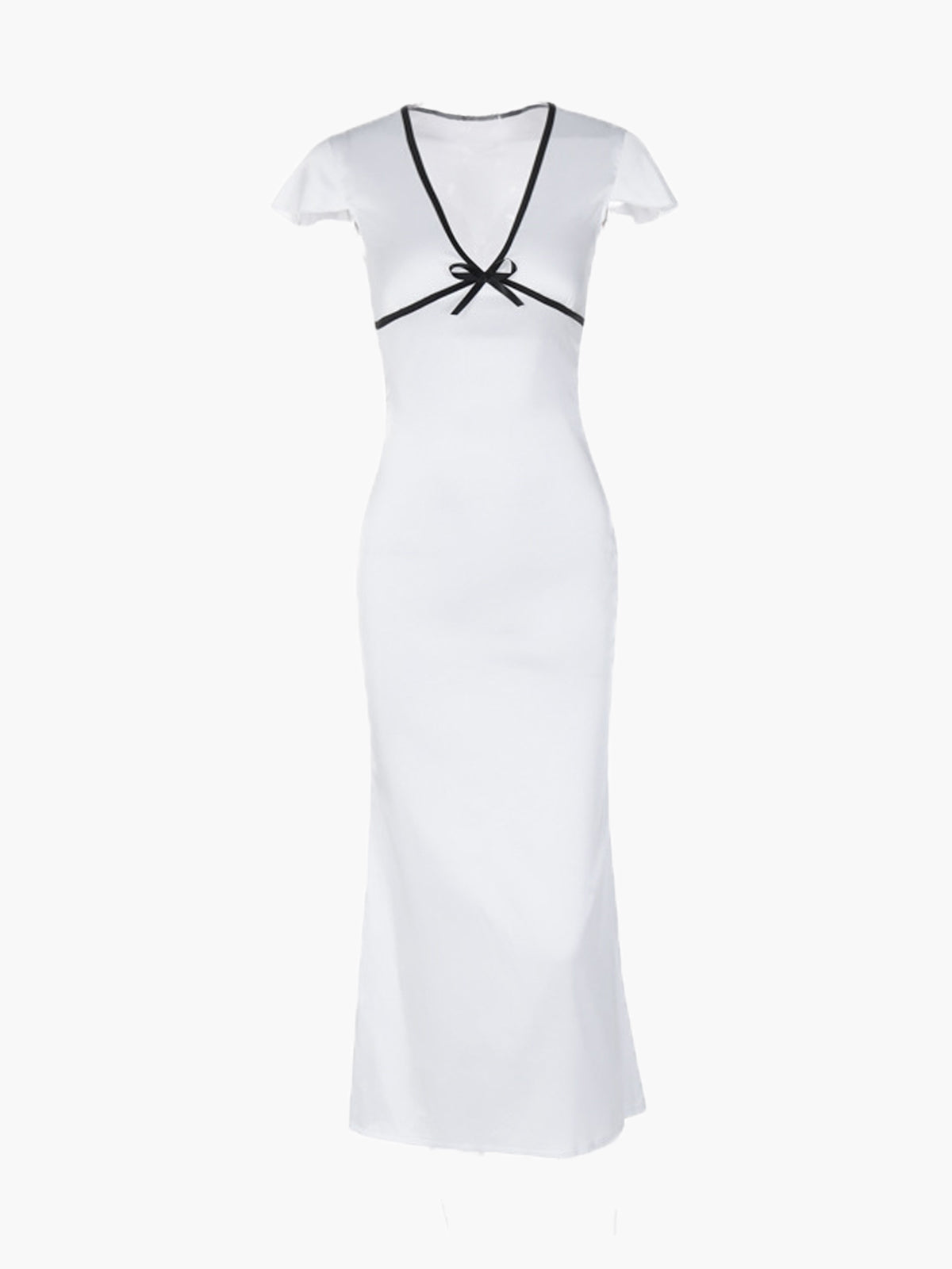 Mirella - Witte Midi-jurk met Zwarte Contrastbies en Strikdetail