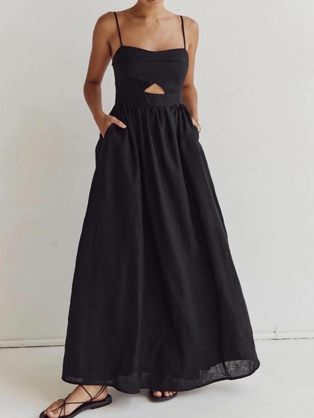 Maureen - Linnen Maxi-jurk met Spaghettibandjes en Open Detail