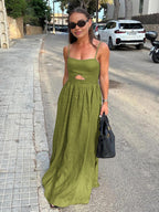 Maureen - Linnen Maxi-jurk met Spaghettibandjes en Open Detail