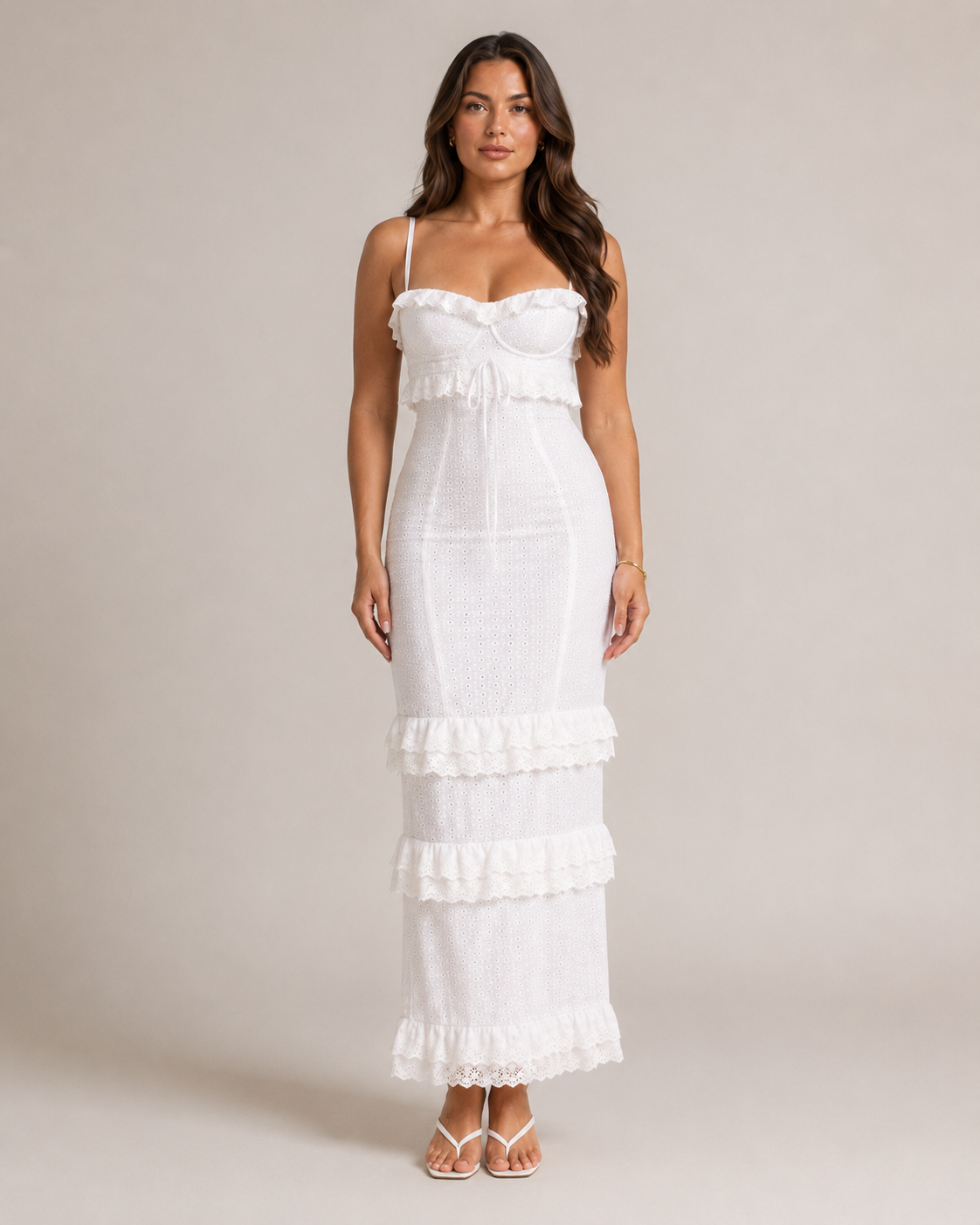 Maëlle - Witte Kanten Midi-jurk Met Spaghettibandjes