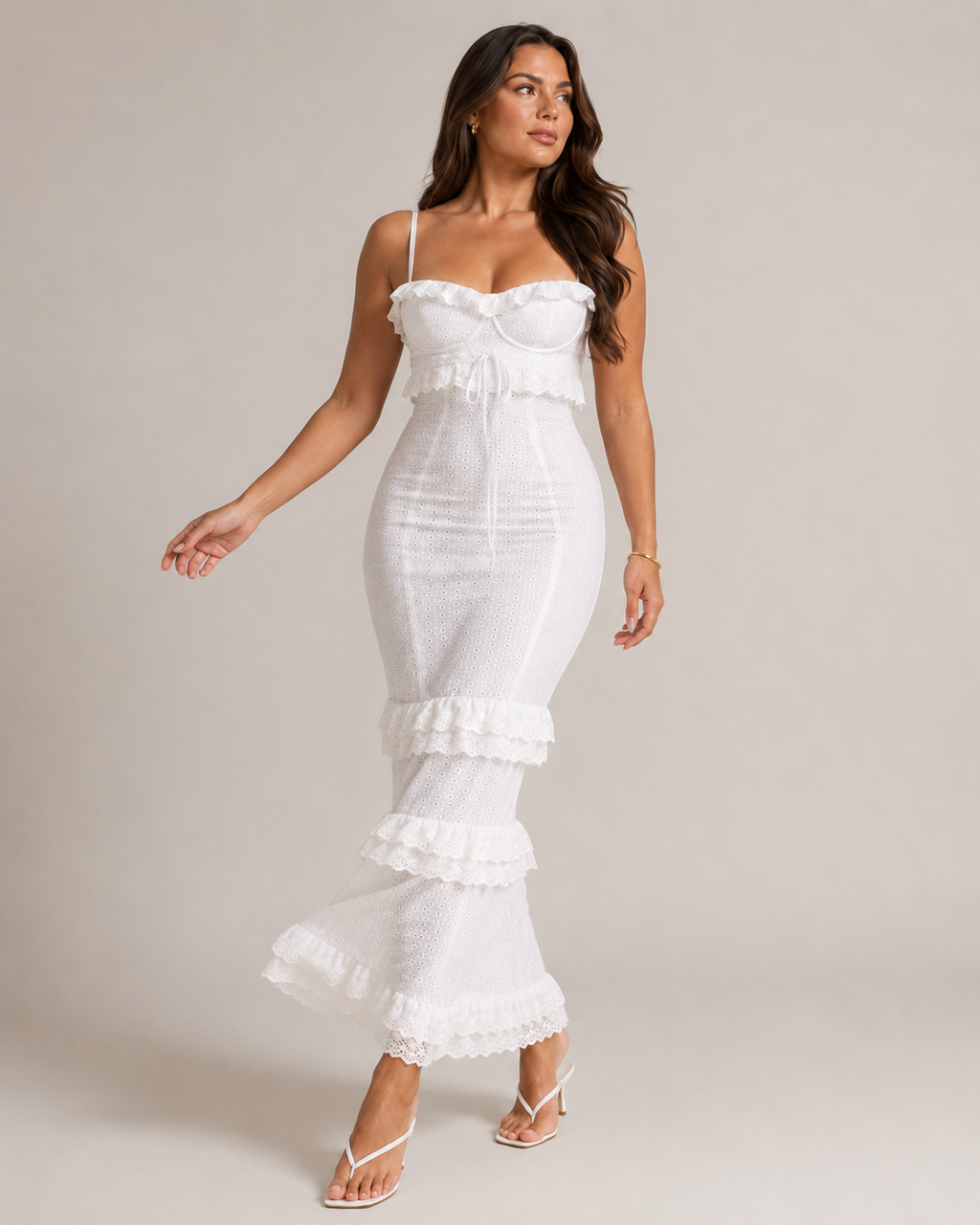 Maëlle - Witte Kanten Midi-jurk Met Spaghettibandjes