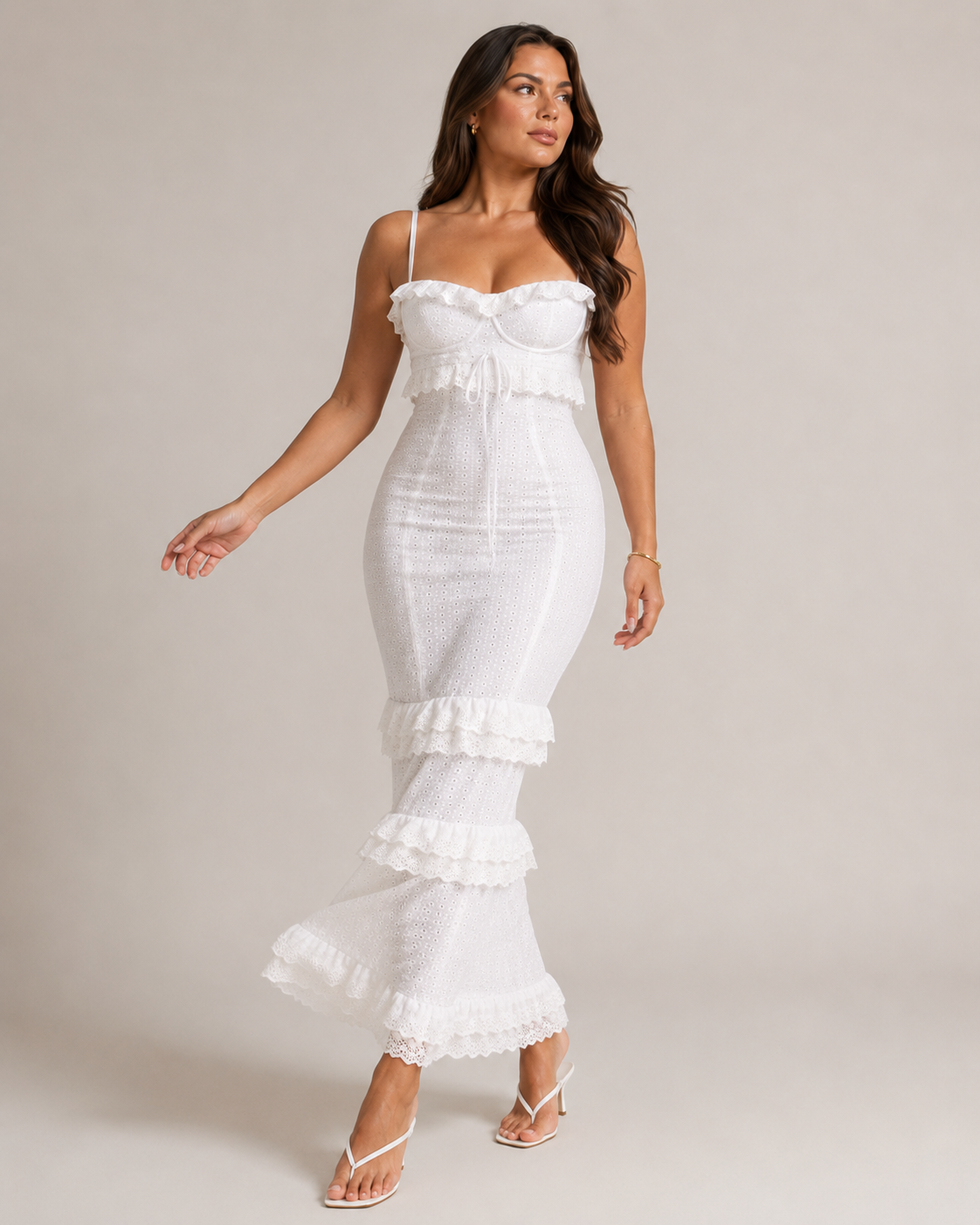Maëlle - Witte Kanten Midi-jurk Met Spaghettibandjes