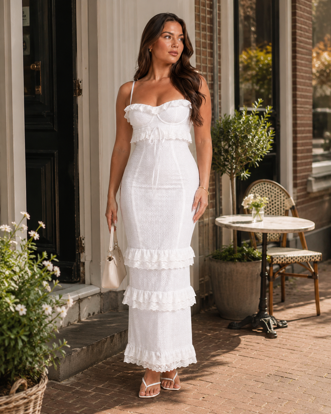 Maëlle - Witte Kanten Midi-jurk Met Spaghettibandjes