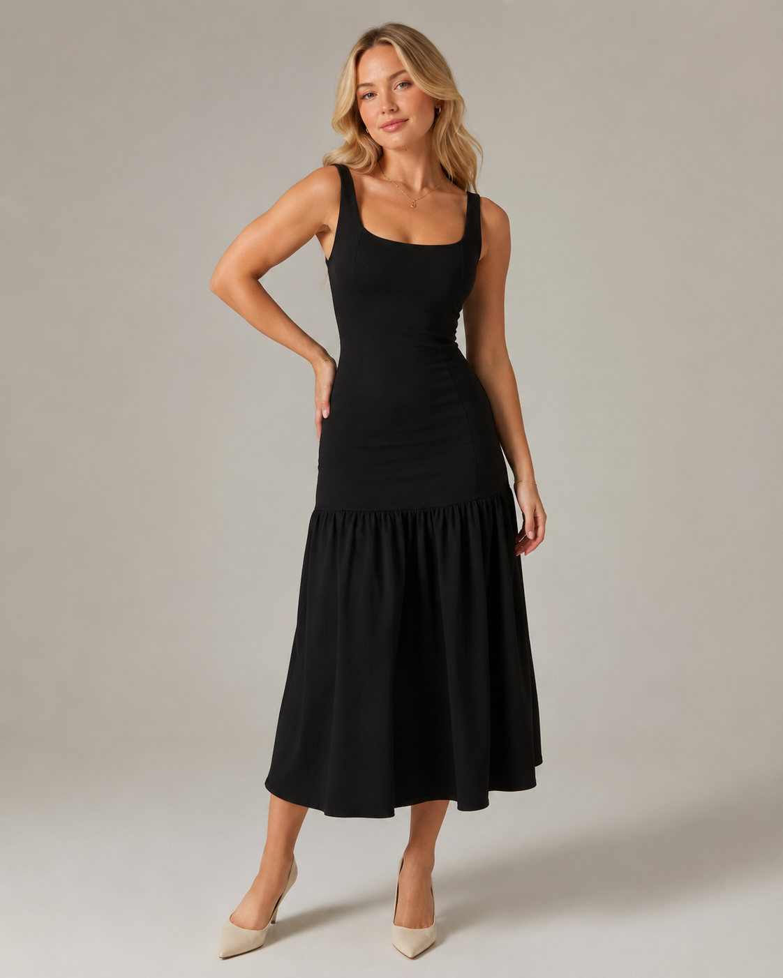 Marelle - Maxi-jurk met Rimpelrok en Brede Bandjes