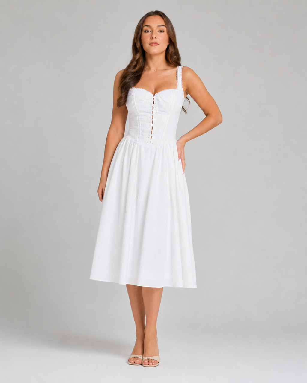 Mina - Witte Linnen Zomerjurk met Ruches en Knoopdetail