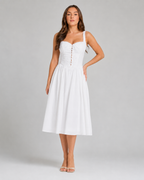 Mina - Witte Linnen Zomerjurk met Ruches en Knoopdetail