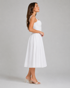 Mina - Witte Linnen Zomerjurk met Ruches en Knoopdetail