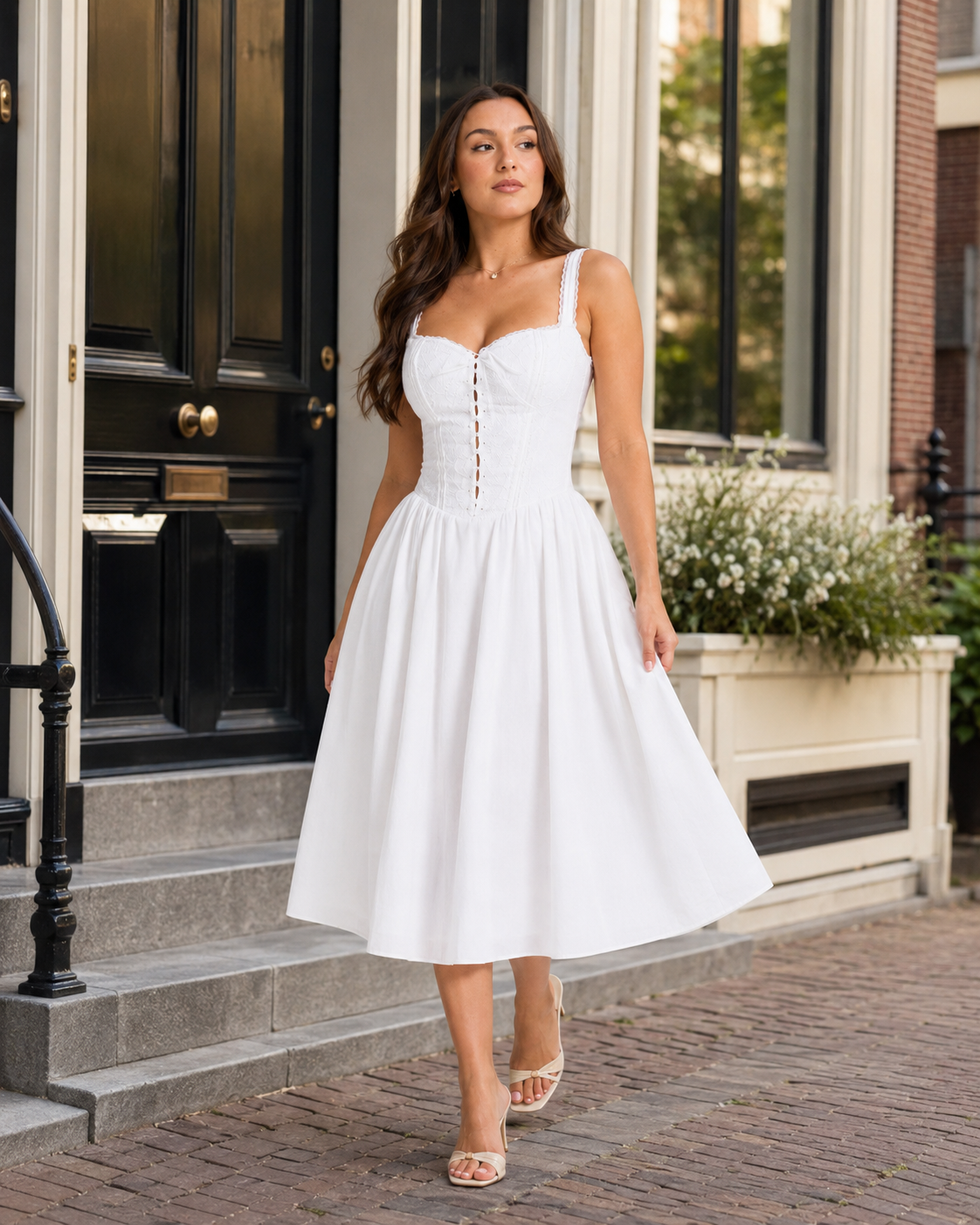 Mina - Witte Linnen Zomerjurk met Ruches en Knoopdetail