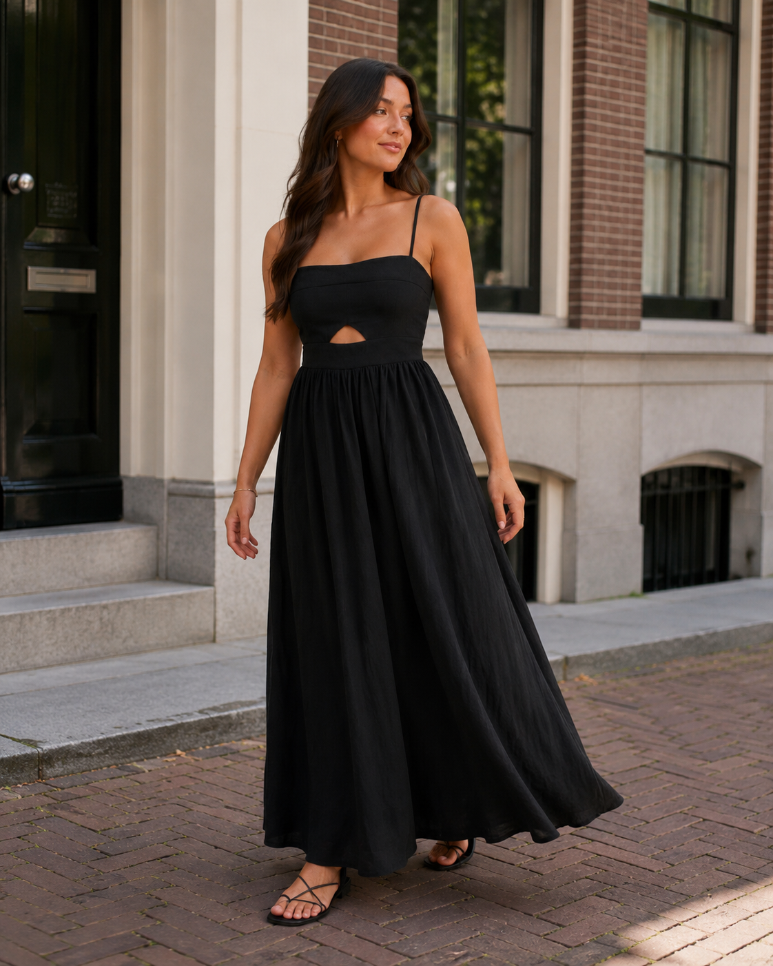 Maureen - Linnen Maxi-jurk met Cut-out en Spaghettibandjes