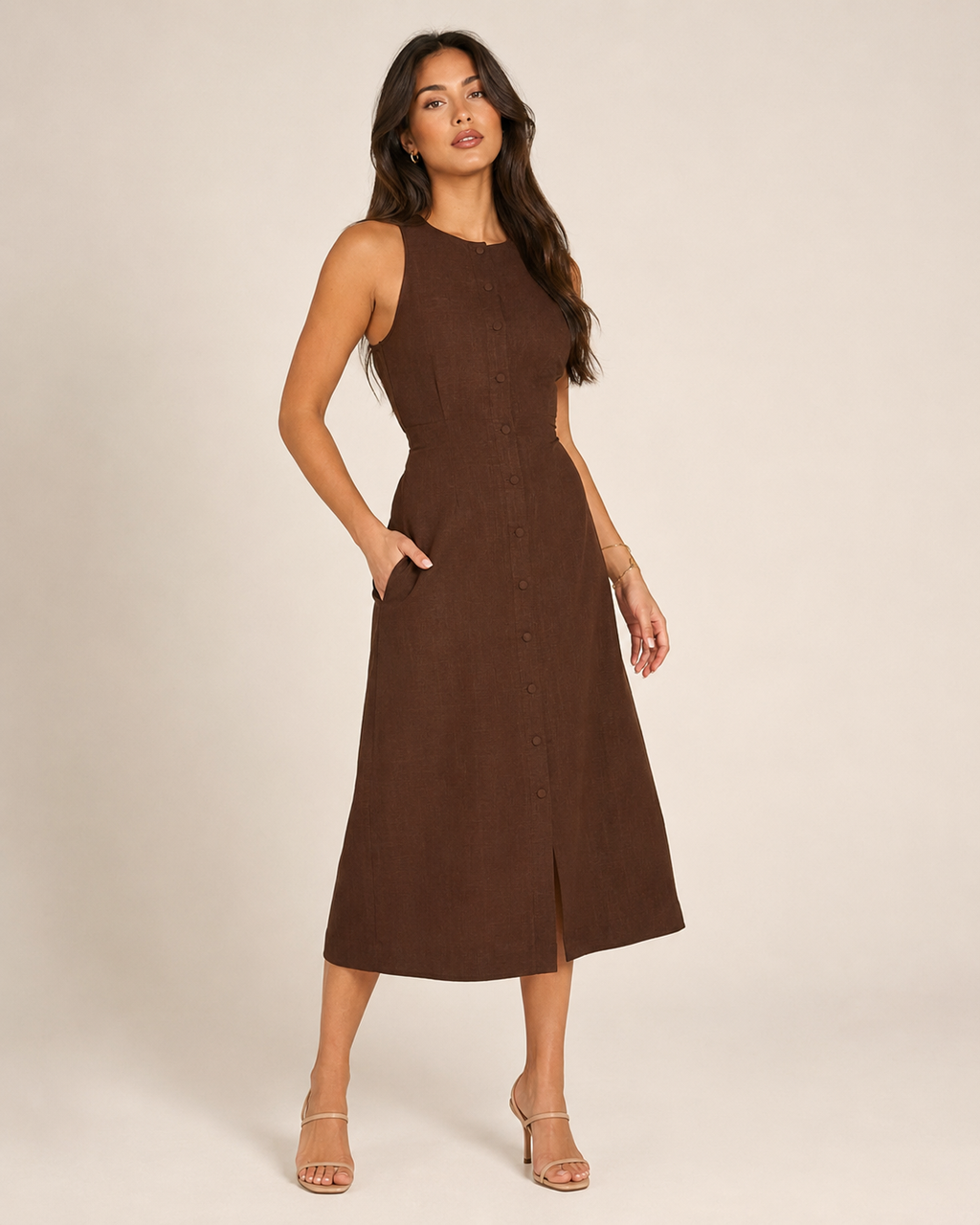 Madelina - Bruine Linnen Midi-jurk Met Knoopsluiting