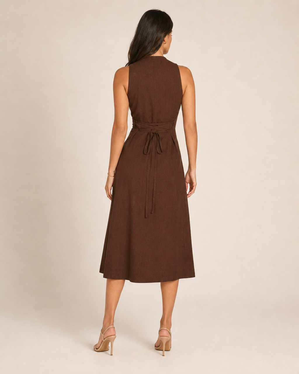 Madelina - Bruine Linnen Midi-jurk Met Knoopsluiting