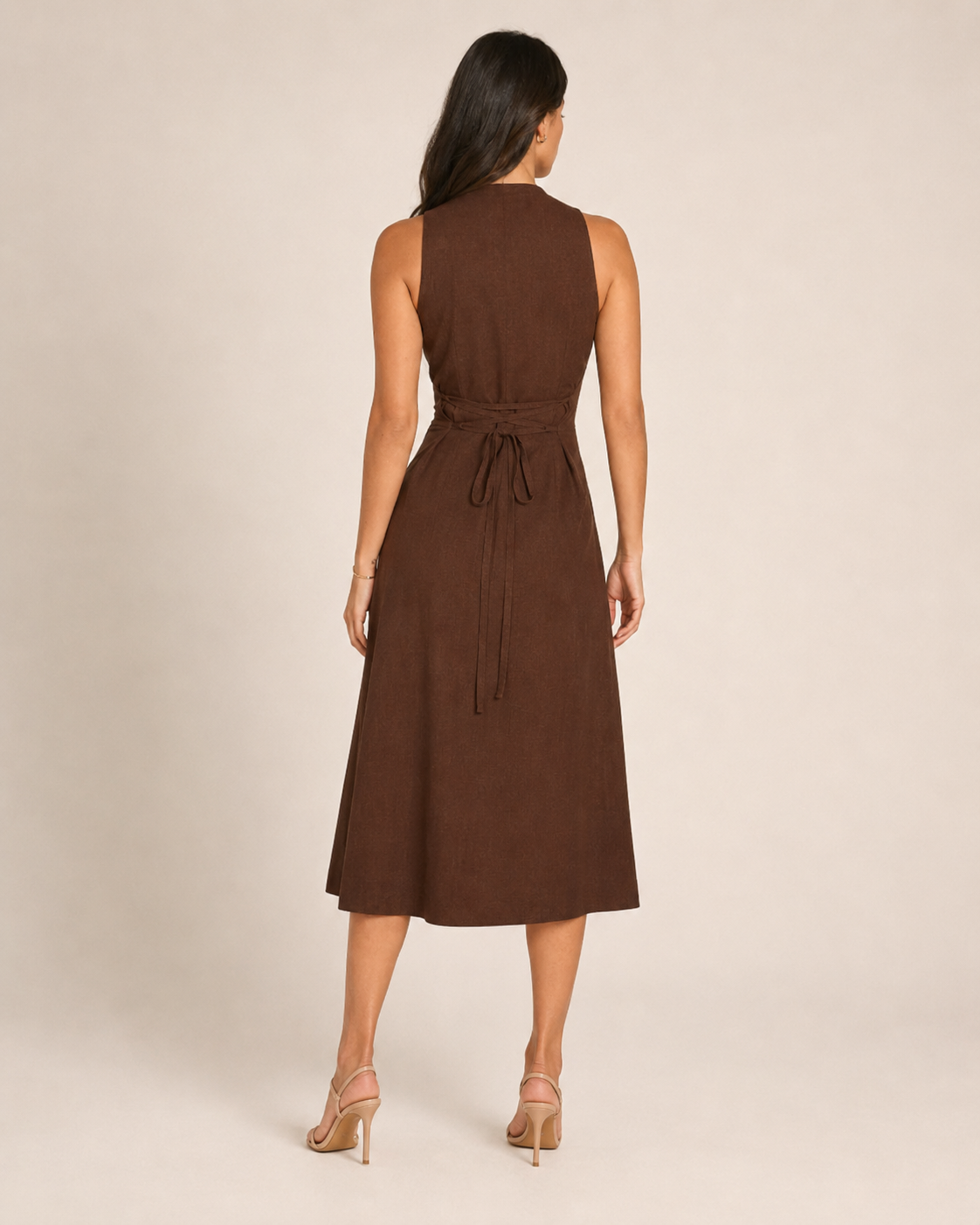 Madelina - Bruine Linnen Midi-jurk Met Knoopsluiting