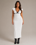 Mirella - Witte Midi-jurk met V-hals en Contrastdetails