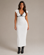 Mirella - Witte Midi-jurk met V-hals en Contrastdetails