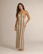 Myrthe - Halter Maxi-jurk met Retro Golfpatroon en Open Rug