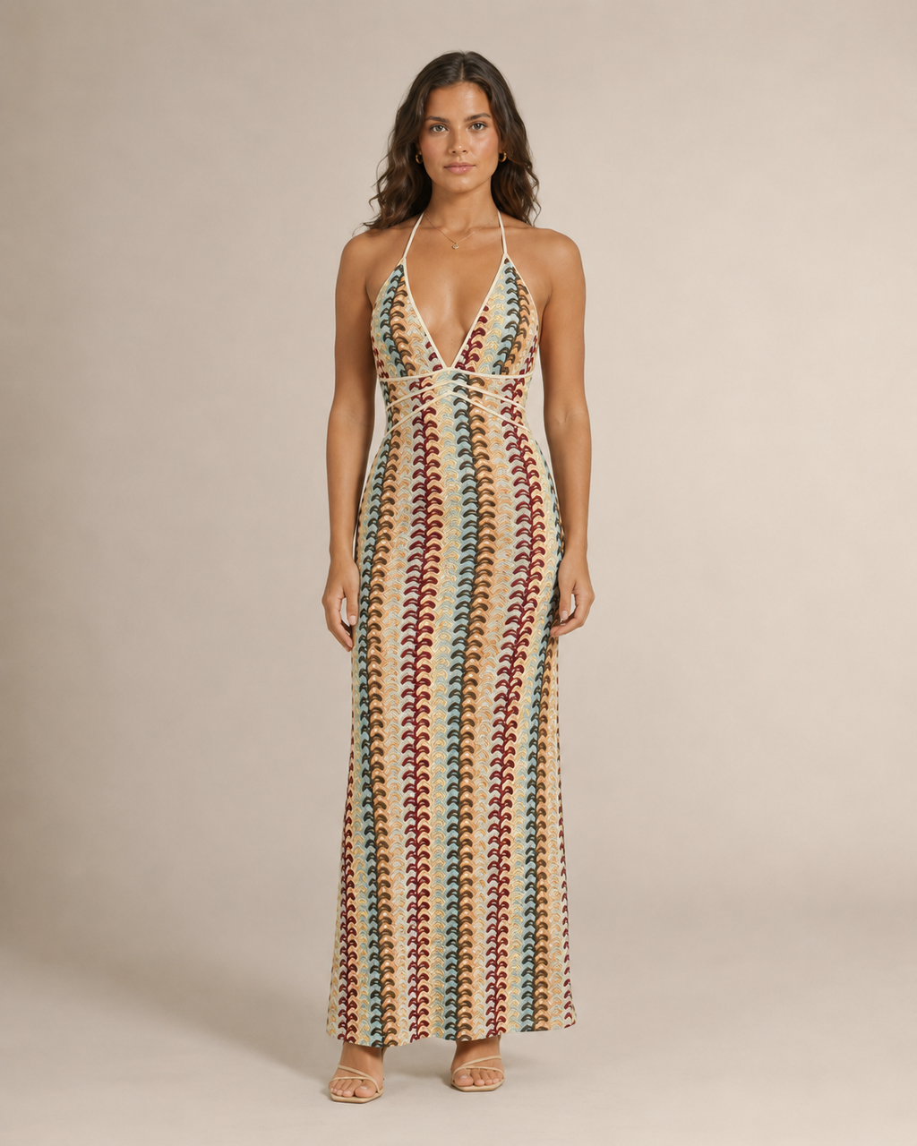 Myrthe - Halter Maxi-jurk met Retro Golfpatroon en Open Rug