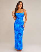 Mare - Blauwe Maxi-jurk Met Spaghettibandjes En Watervalhals