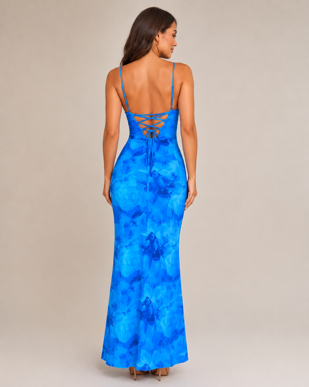 Mare - Blauwe Maxi-jurk Met Spaghettibandjes En Watervalhals