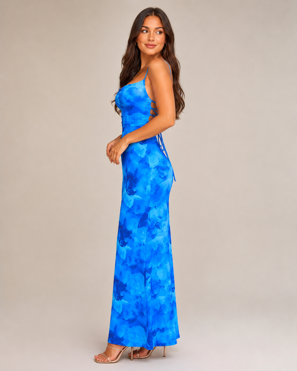Mare - Blauwe Maxi-jurk Met Spaghettibandjes En Watervalhals