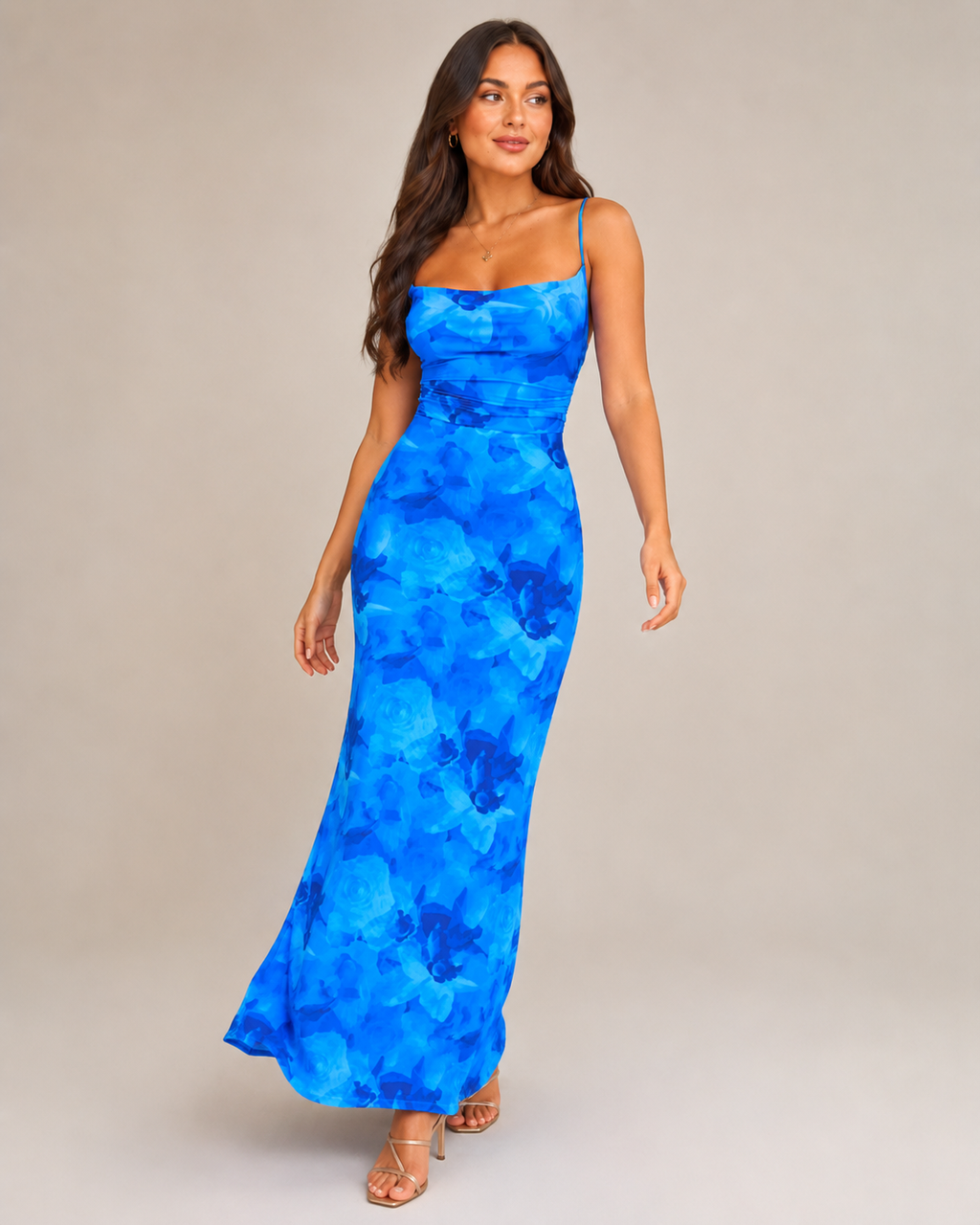 Mare - Blauwe Maxi-jurk Met Spaghettibandjes En Watervalhals