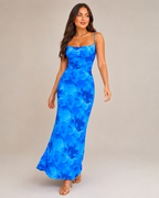 Mare - Blauwe Maxi-jurk Met Spaghettibandjes En Watervalhals