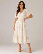 Marjolijn - Midi-jurk met V-hals en Tailleaccent