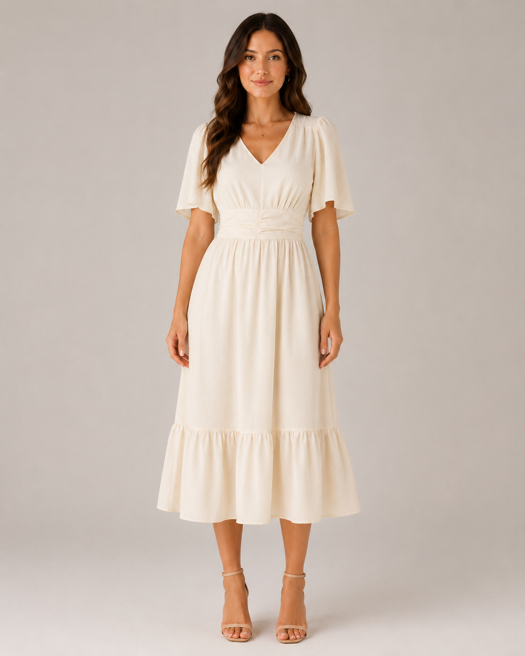 Marjolijn - Midi-jurk met V-hals en Tailleaccent