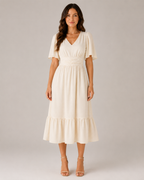 Marjolijn - Midi-jurk met V-hals en Tailleaccent