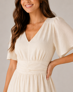 Marjolijn - Midi-jurk met V-hals en Tailleaccent