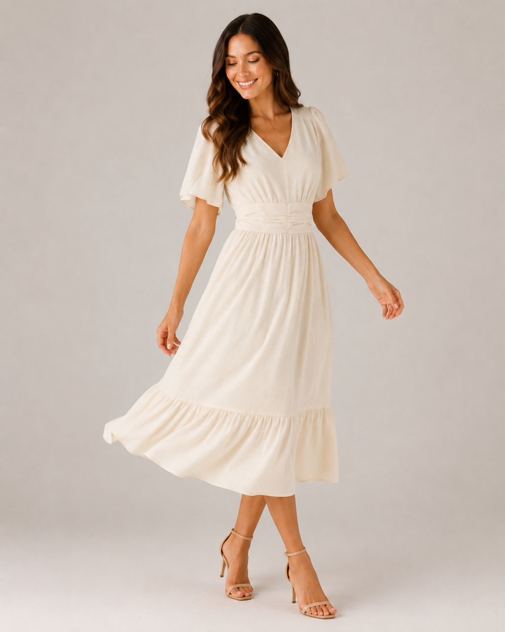 Marjolijn - Midi-jurk met V-hals en Tailleaccent