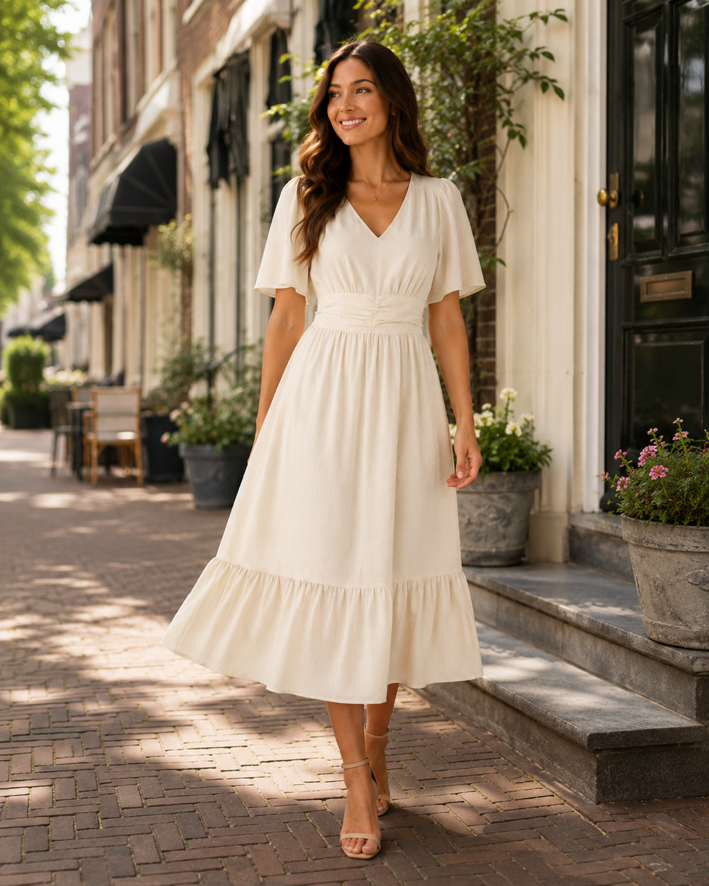 Marjolijn - Midi-jurk met V-hals en Tailleaccent
