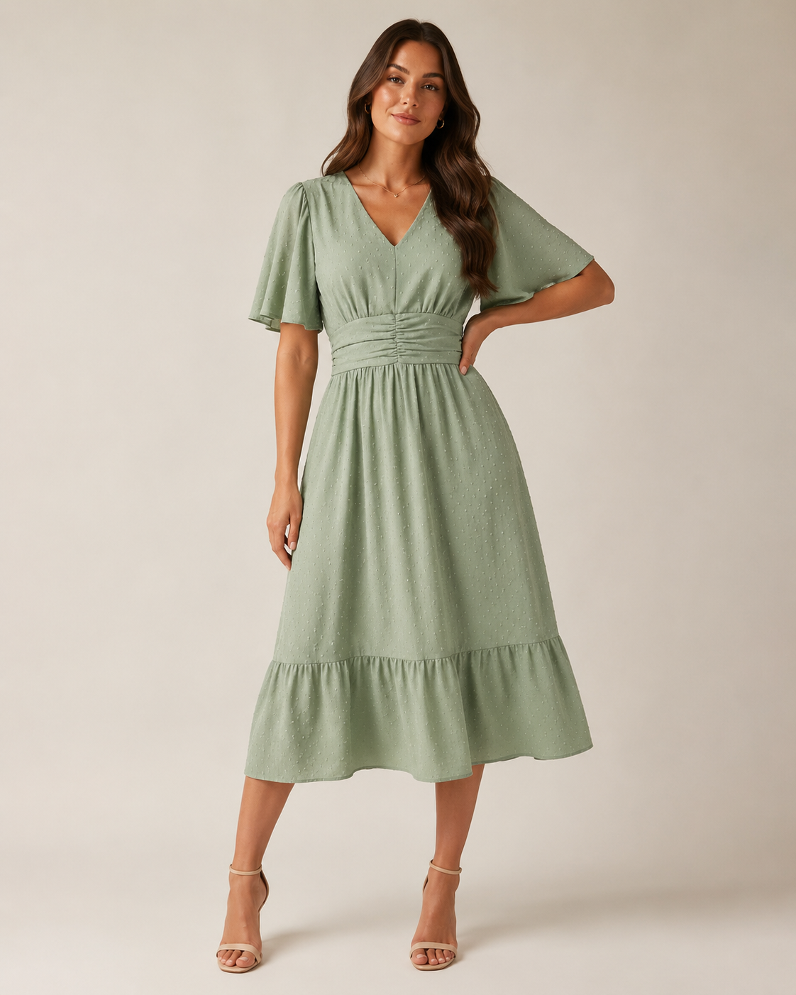Marjolijn - Midi-jurk met V-hals en Tailleaccent