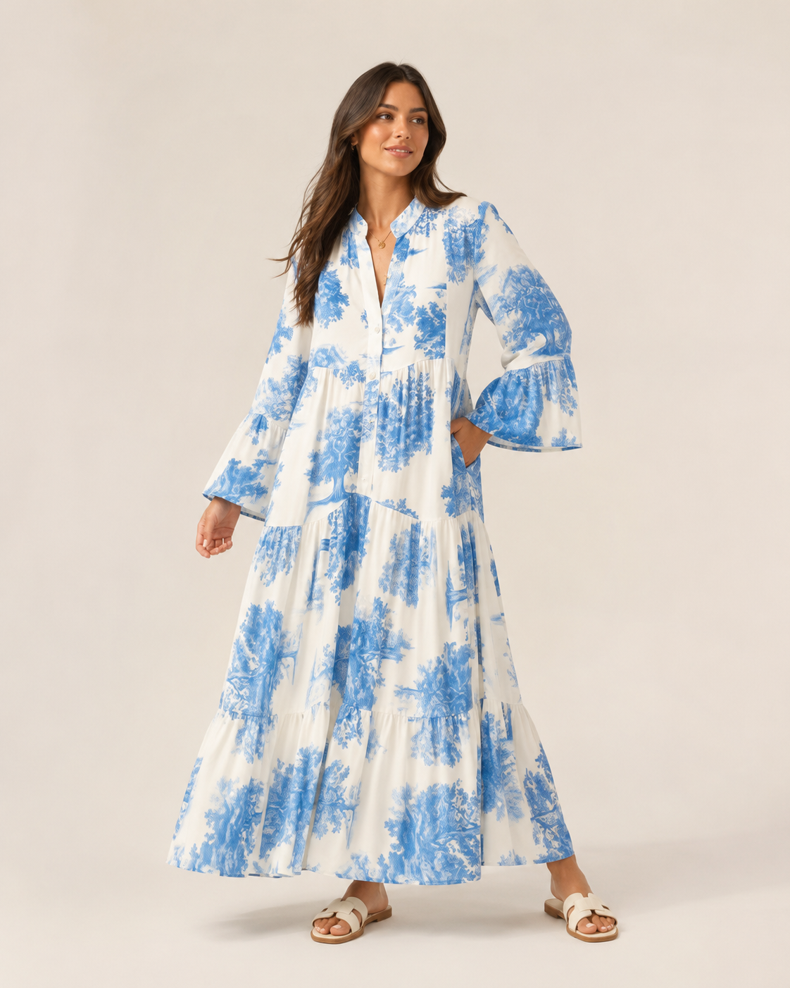 Marlinde - Maxi-jurk met Print en Knoopsluiting