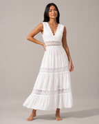 Minke - Witte Midi-jurk Met Kantdetails En V-hals