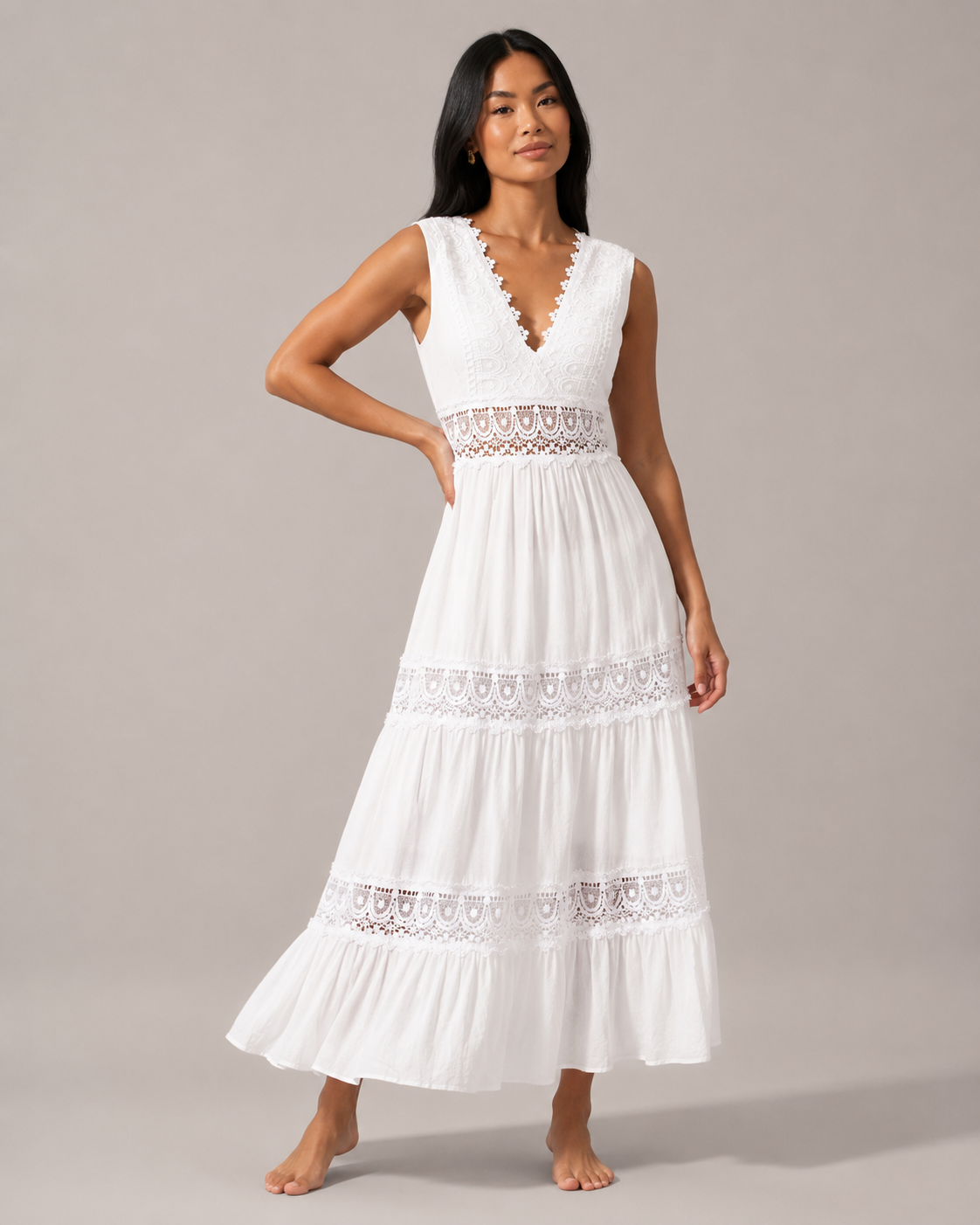Minke - Witte Midi-jurk Met Kantdetails En V-hals
