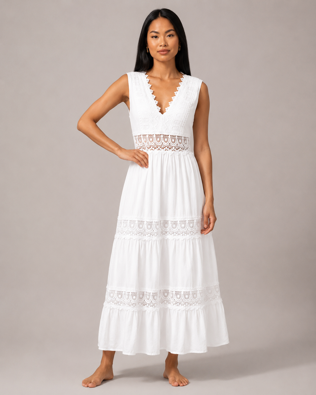 Minke - Witte Midi-jurk Met Kantdetails En V-hals