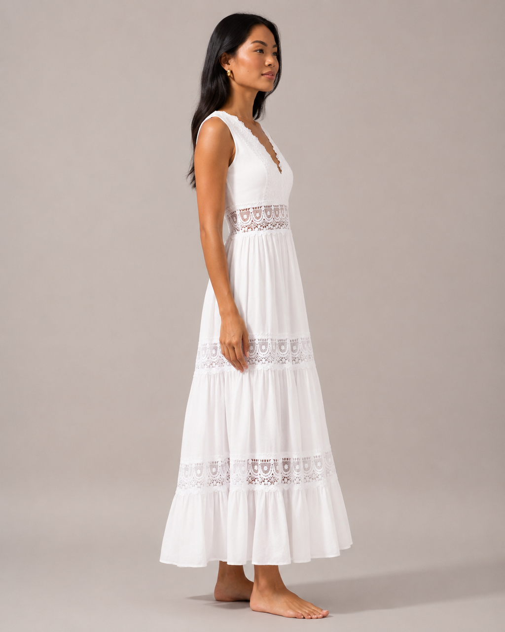 Minke - Witte Midi-jurk Met Kantdetails En V-hals