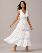 Minke - Witte Midi-jurk Met Kantdetails En V-hals