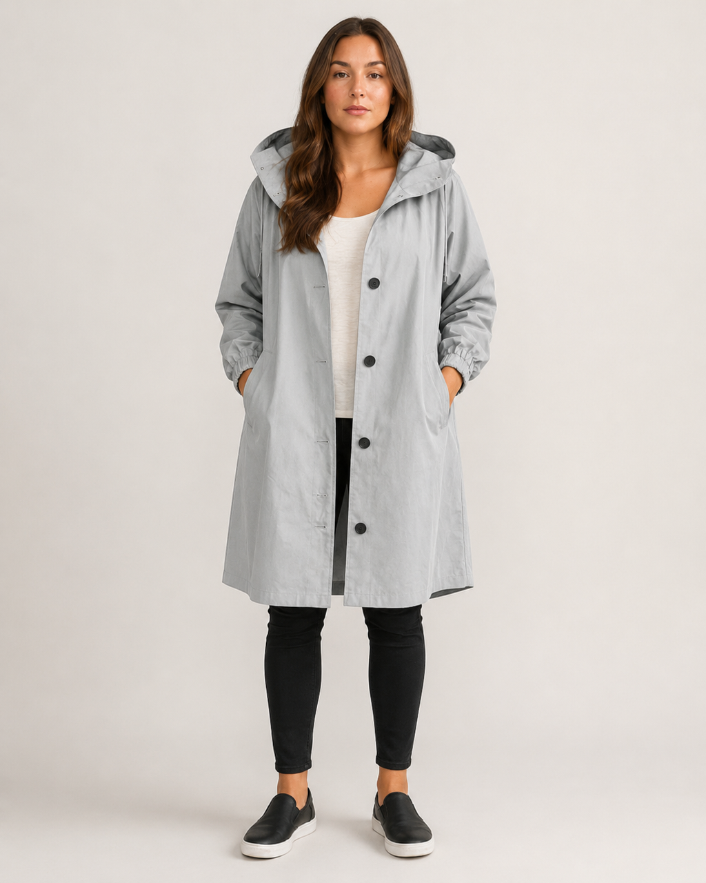 Hannelore - lange regenjas met capuchon, knopensluiting en elastische manchetten