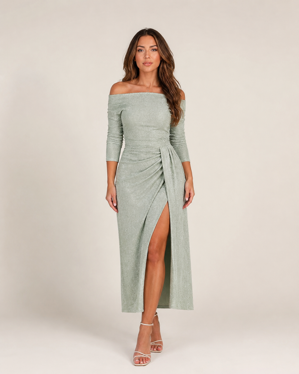 Héloane - Off-shoulder Glitterjurk Met Drapering En Hoge Split