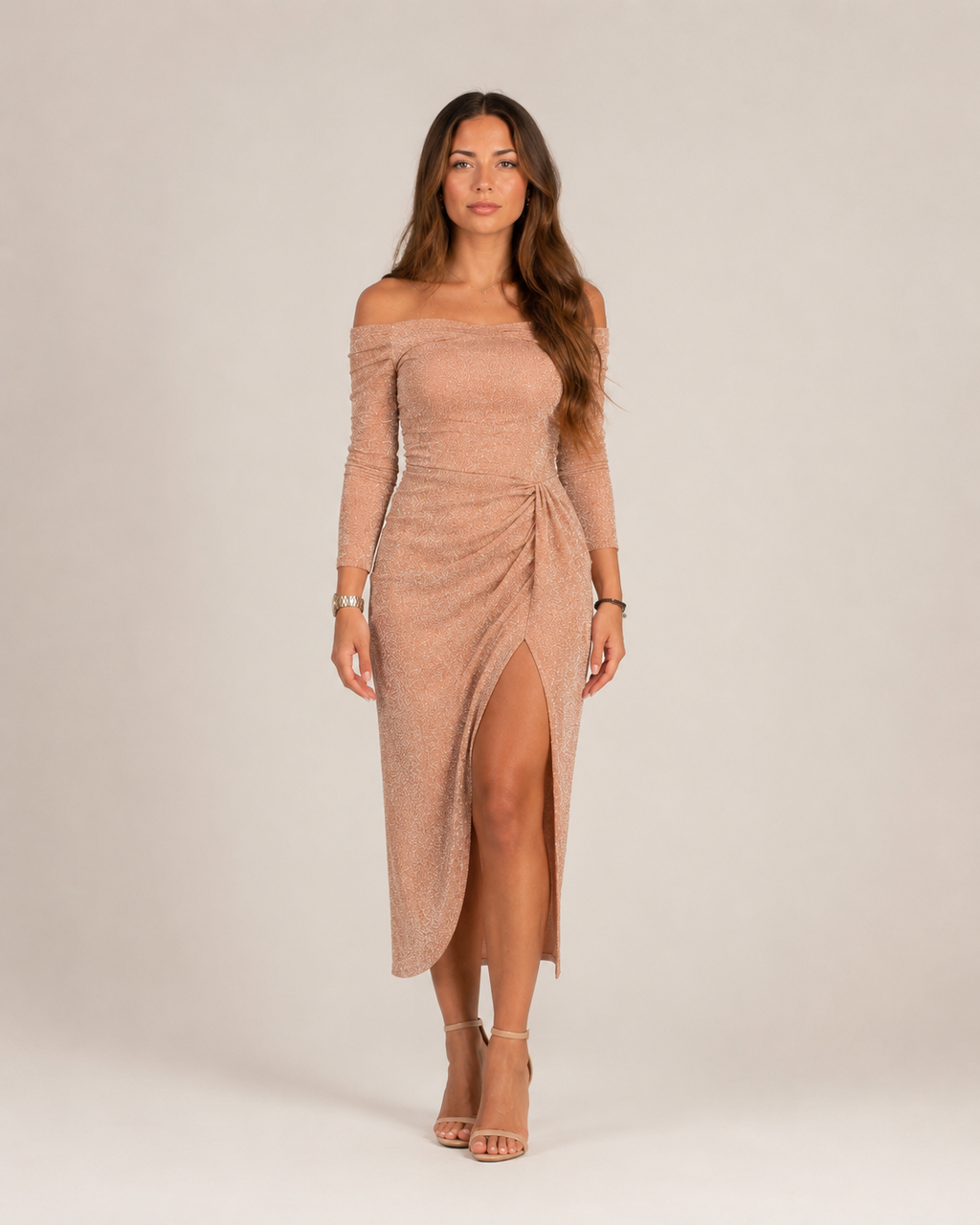 Héloane - Off-shoulder Glitterjurk Met Drapering En Hoge Split