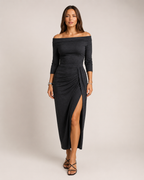 Héloane - Off-shoulder Glitterjurk Met Drapering En Hoge Split