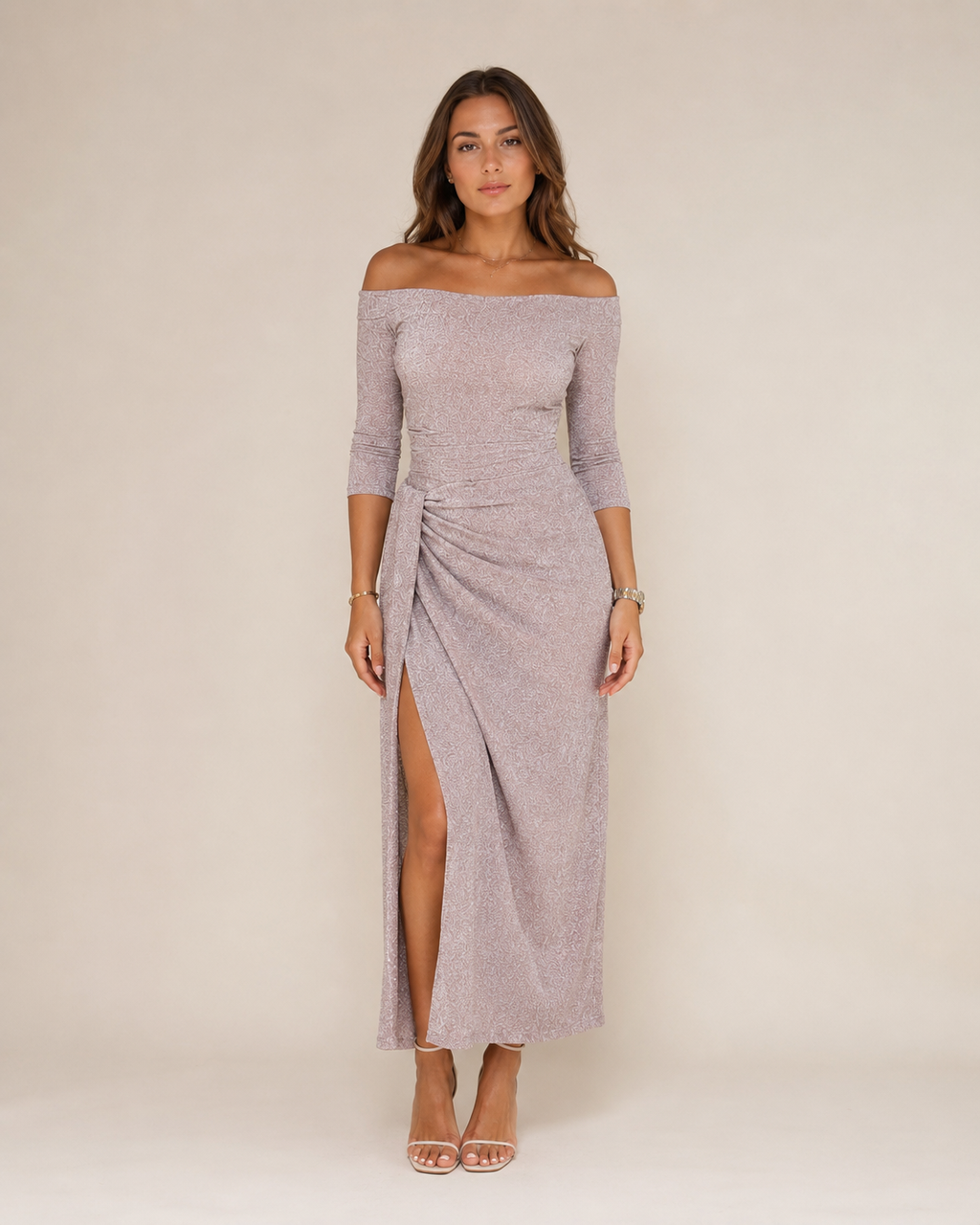 Héloane - Off-shoulder Glitterjurk Met Drapering En Hoge Split