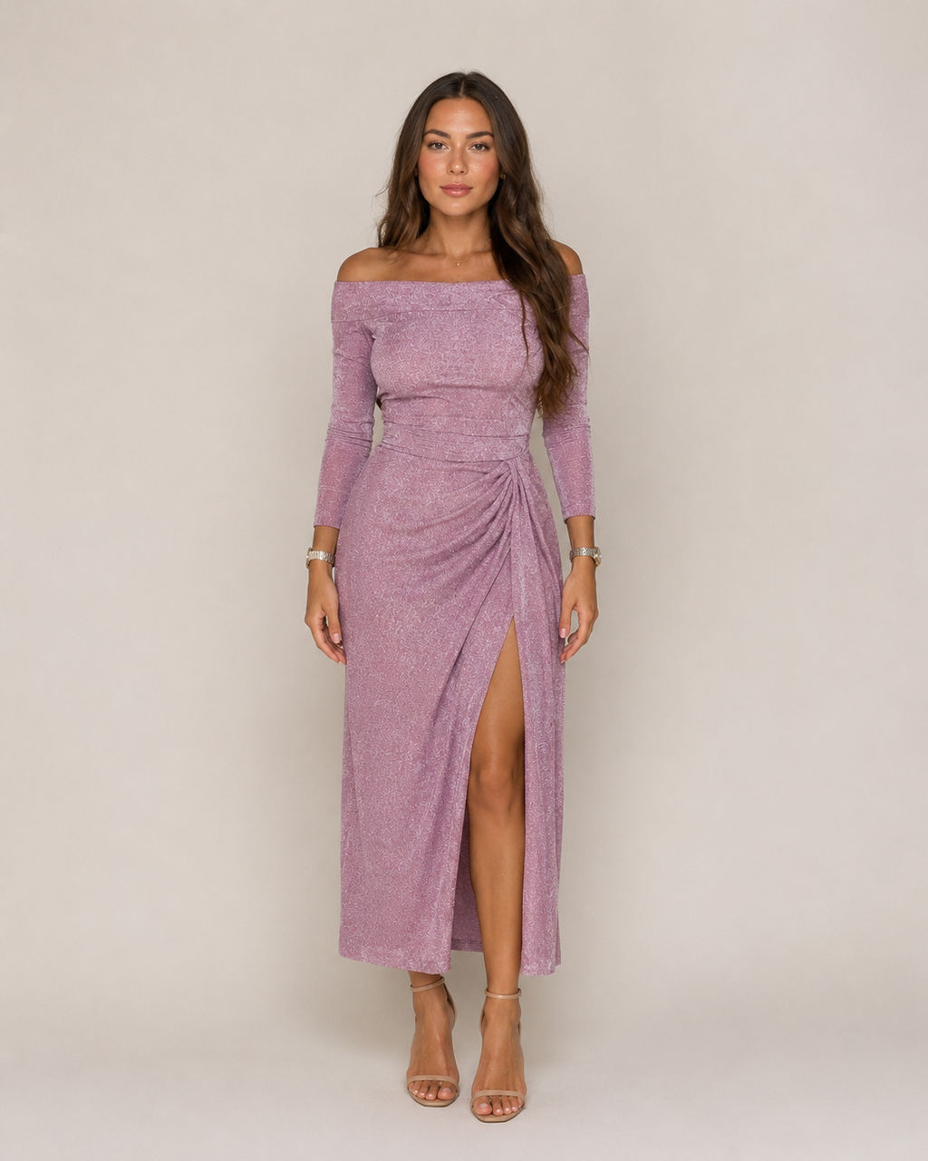 Héloane - Off-shoulder Glitterjurk Met Drapering En Hoge Split