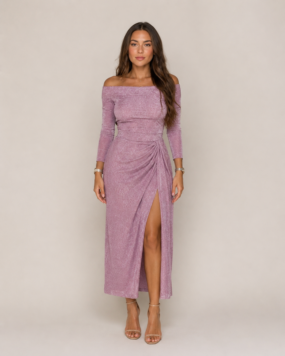 Héloane - Off-shoulder Glitterjurk Met Drapering En Hoge Split