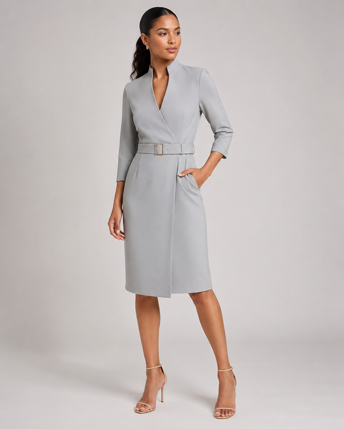 Nadia - Midi-jurk met Ceintuur en Lange Mouwen